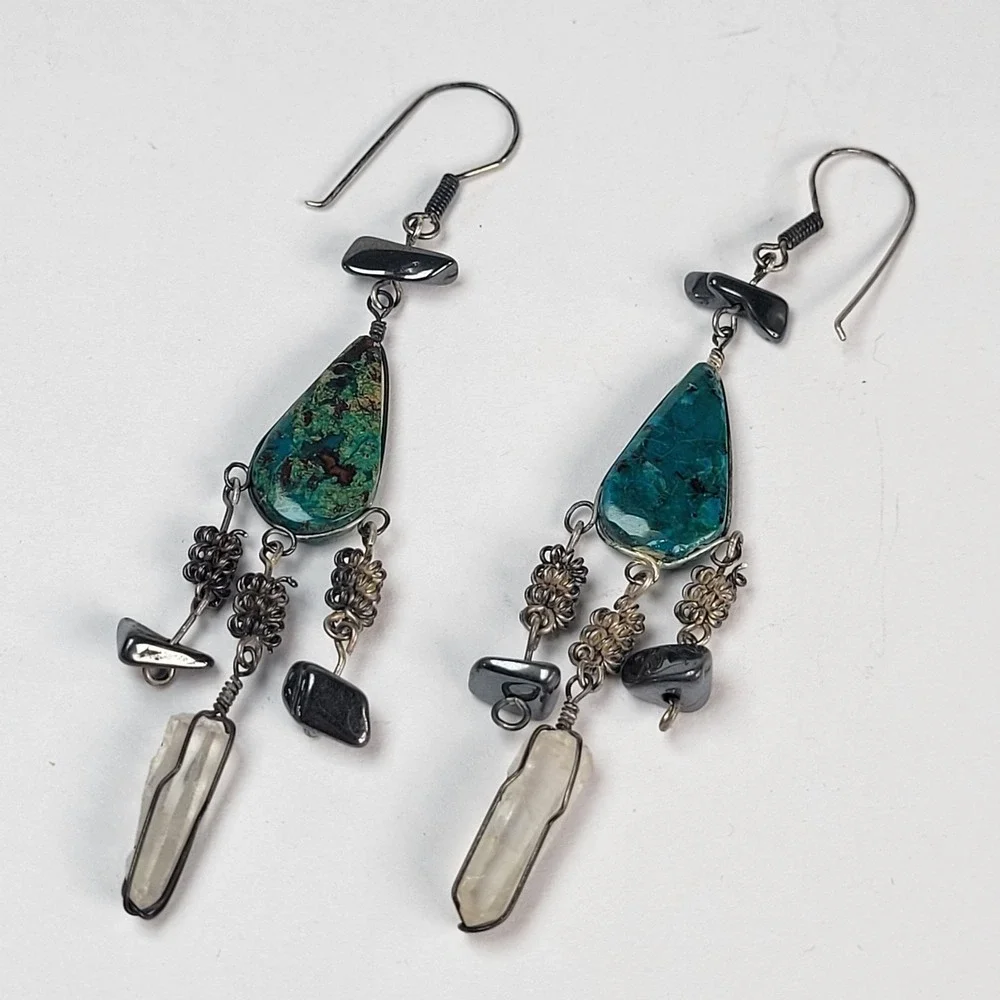 Southwest‎ Blue Turquoise Earrings Dangle Chandelier French Wire 925 Jewelry